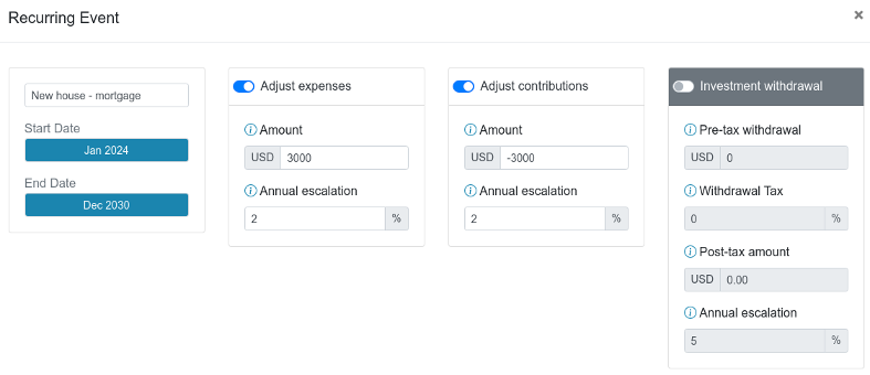 Financial independence parameters screenshot